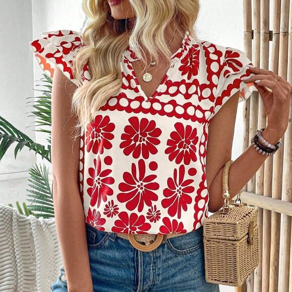 Multicolor Boho Women's Sleeveless V-Neck Blouse With All-Over Print - Picture 5 of 6